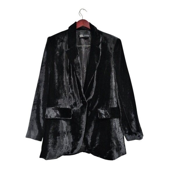 Zara Women's Black Velvet Single Button Blazer Jacket Lined Collared Career Sz M - Picture 1 of 14